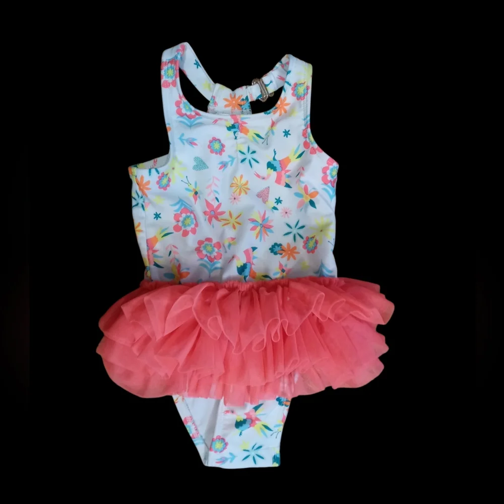 M4)  Cat & Jack Girls Floral One-Piece Swimsuit with Tulle Skirt | Like New